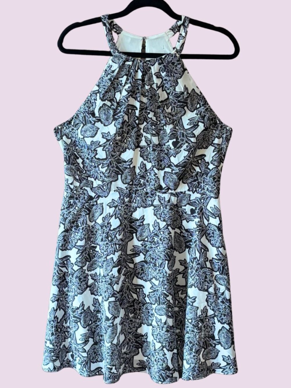 Express Black White Floral Halter Fit & Flare Skater Dress Open Back Size 12